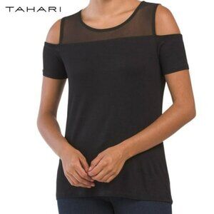 NWT TAHARI Women's Cold Shoulder Short Sleeve Mesh Yoke Top
